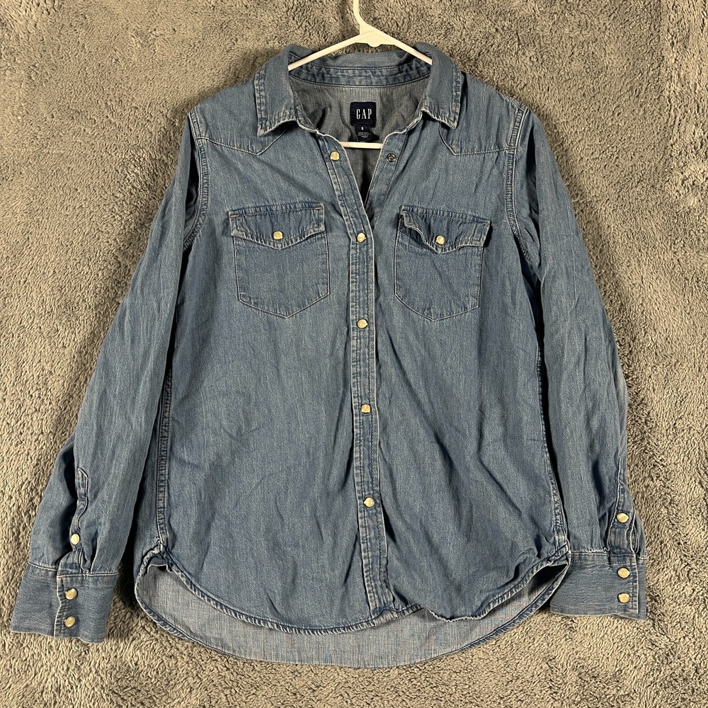 Gap Westren Shirt Womens Small Blue Denim Long Sleeve Collared Pearl Snap Front